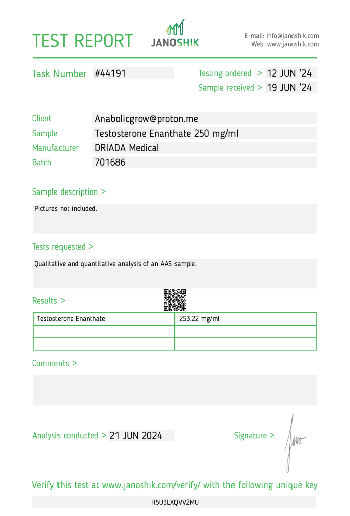 Driada Testosterone Enanthate 250 lab test report