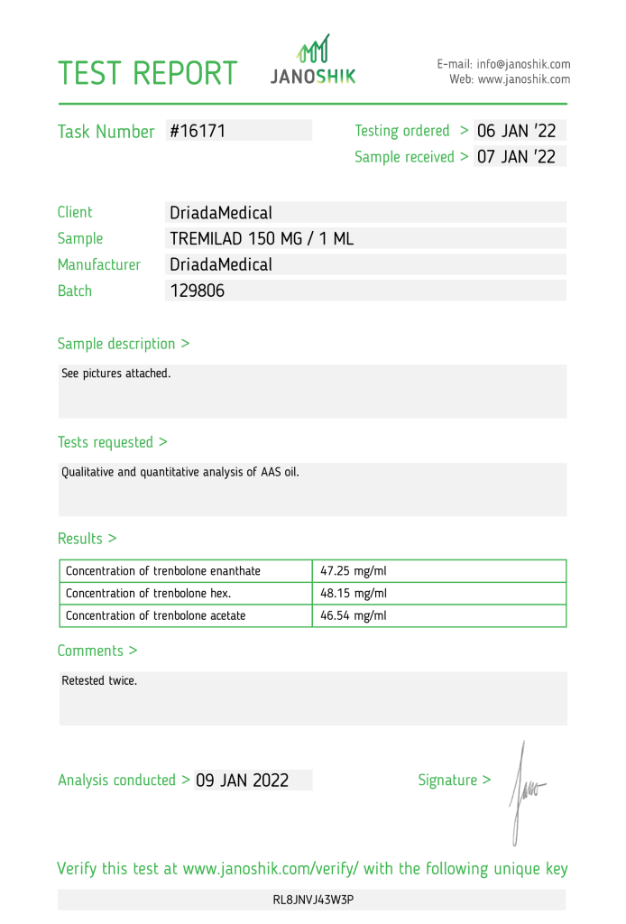 Driada Medical Tremilad Lab Test Report