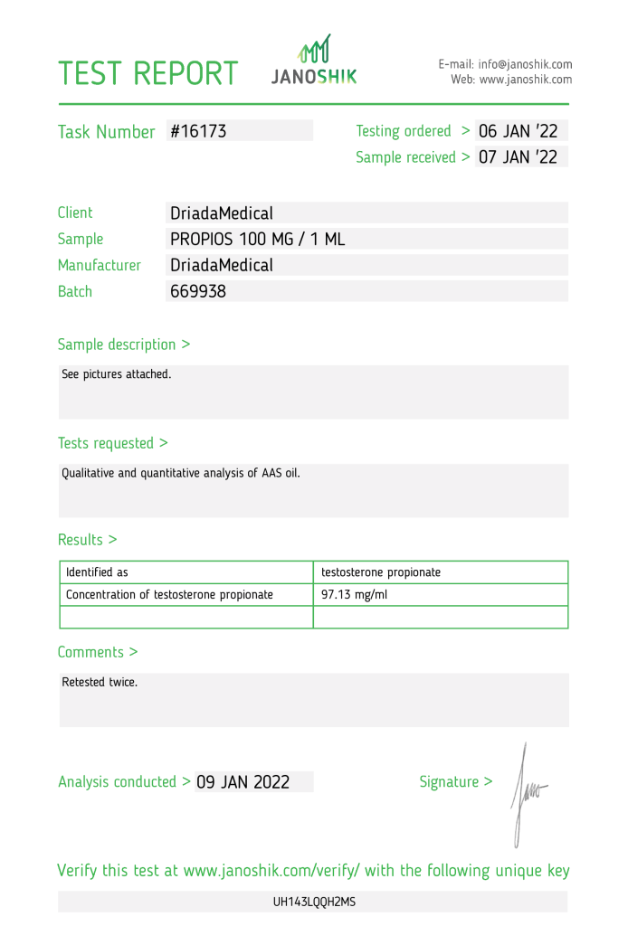 Driada Medical Propios Lab Test Results