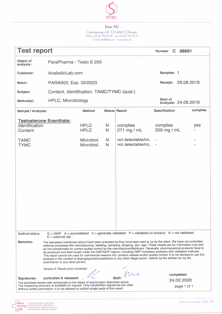 ParaPharma Testo E 250 lab report