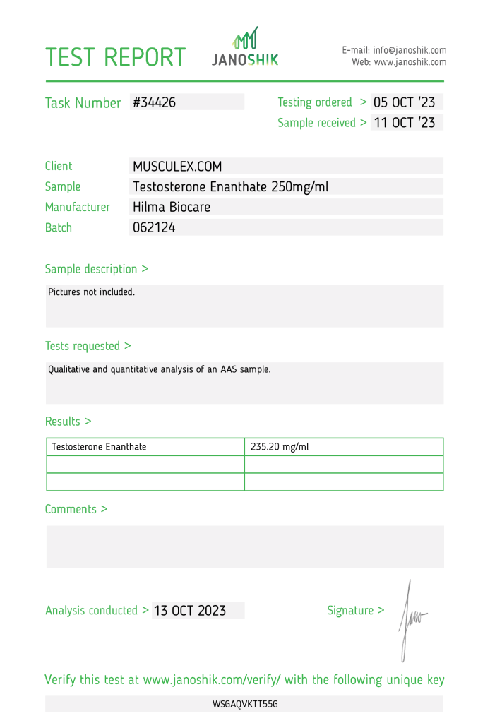 Hilma Biocare Testosterone Enanthate Lab Test